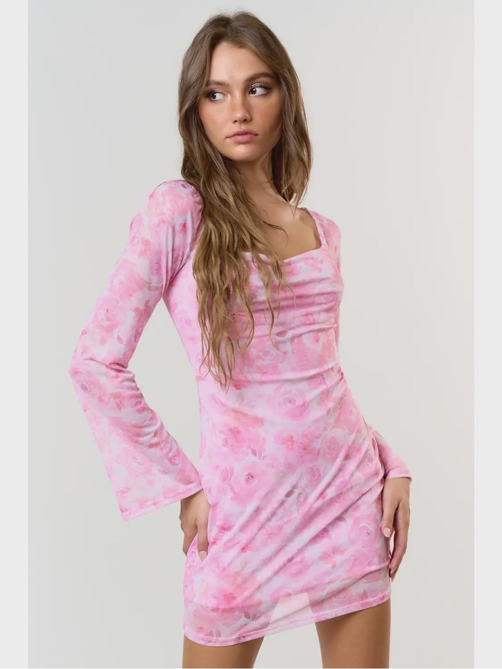 Blue Blush Floral Print Cowl Neck Fitted Mini Dress Pink Size S